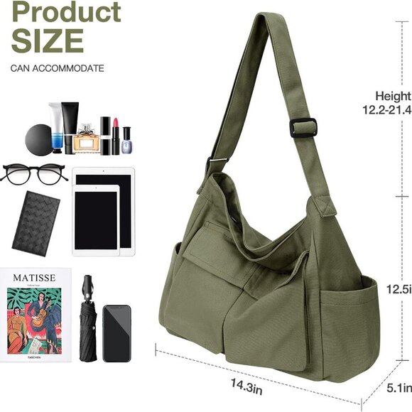 Canvas Messenger Bag Large Capacity Hobo Crossbody Tote for Men Women - Picture 5 of 7